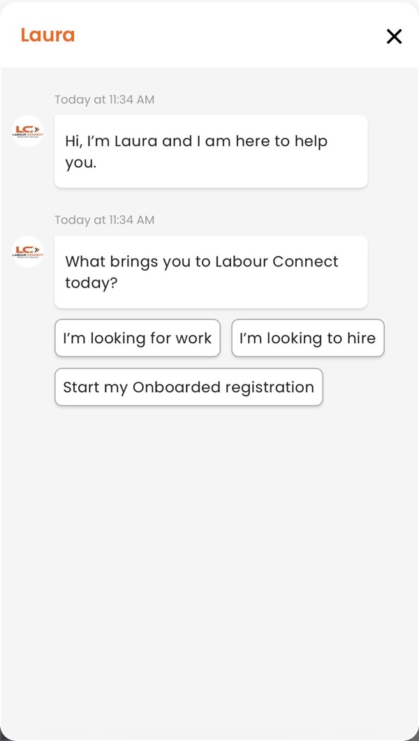 Laura chat: tap Start my Onboarded registration