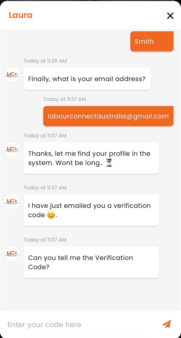 Laura asks for the verification code she emailed you