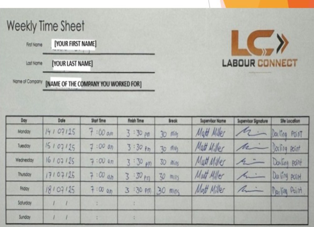 Example of a correctly completed Labour Connect timesheet